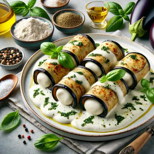 Auberginen-Cannelloni mit Mozzarella und Basilikum-Béchamelsauce - Exclusive Food GmbH