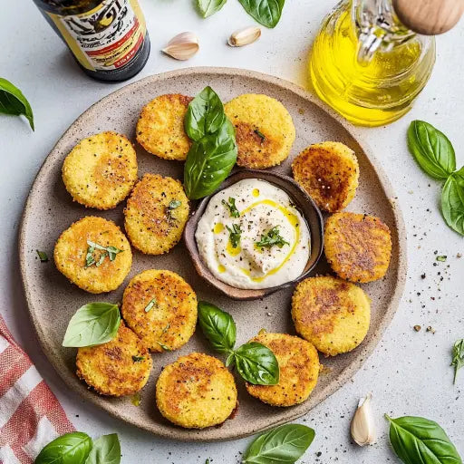 Goldene Polenta-Taler mit cremigem Auberginen-Kichererbsen-Dip - Exclusive Food GmbH
