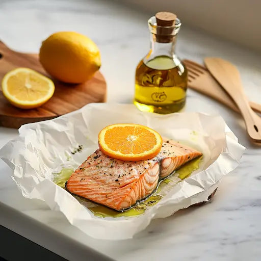 Zarter Lachs en Papillote mit frischem Gemüse und Orangenscheiben - Exclusive Food GmbH