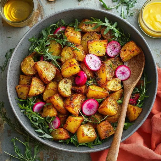 Röstkartoffelsalat mit Knoblauch-Senf-Vinaigrette