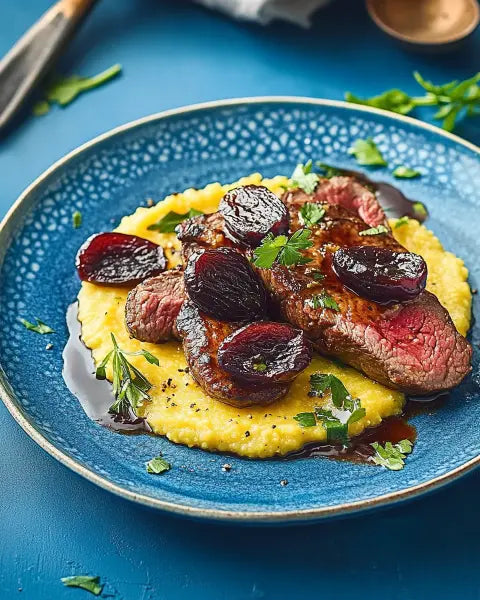 Steakstreifen auf Petersilien-Polenta mit Grillpaprika und Balsamico-Schalotten - Exclusive Food GmbH