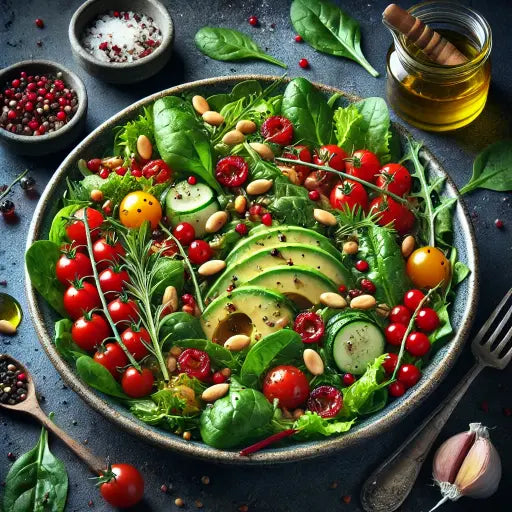 Wildkräutersalat mit Johannisbeeren, Avocado und gerösteten Pinienkernen